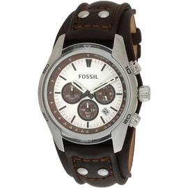 Fossil Mens Stainless Steel Chronograph Watch with Genuine Brown Leather Strap