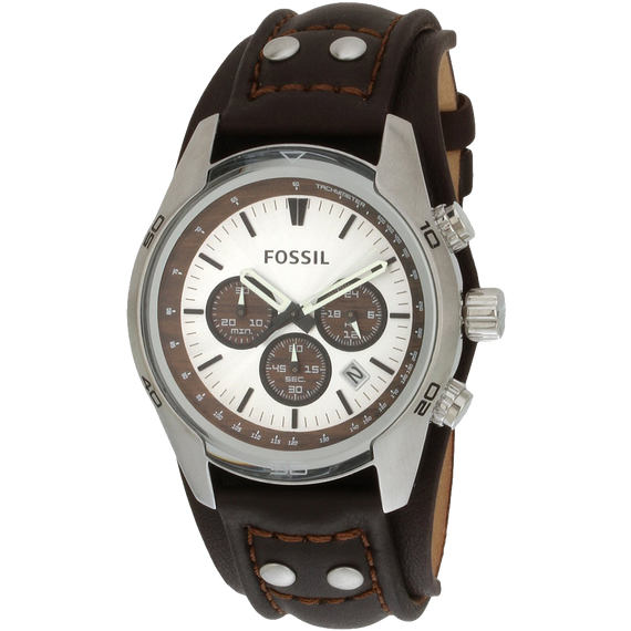 Fossil Mens Stainless Steel Chronograph Watch with Genuine Brown Leather Strap