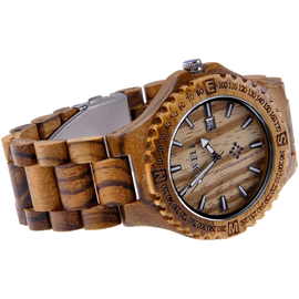 MEKU Handmade Wooden Wrist Watches Quartz with Solid Natural Zebrawood and Date Calendar