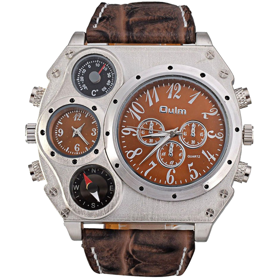 Oulm Analog Dark Brown Leather Strap Four Sub-dials Men Watch